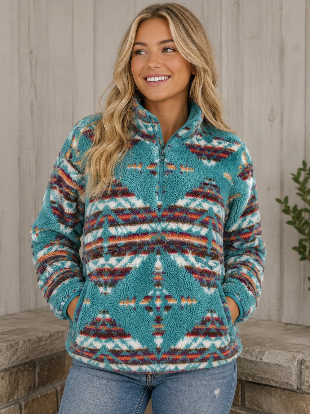 Women's Teal Patterned Sherpa Quarter-Zip Pullover
